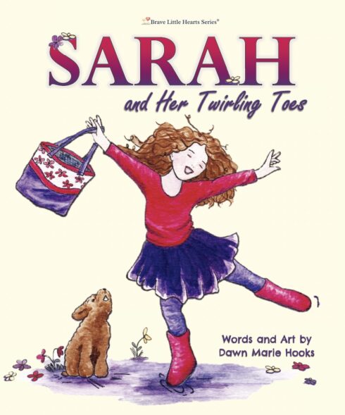 Book Cover with a watercolor illustration of young Sarah smiling and twirling while her dog watches her